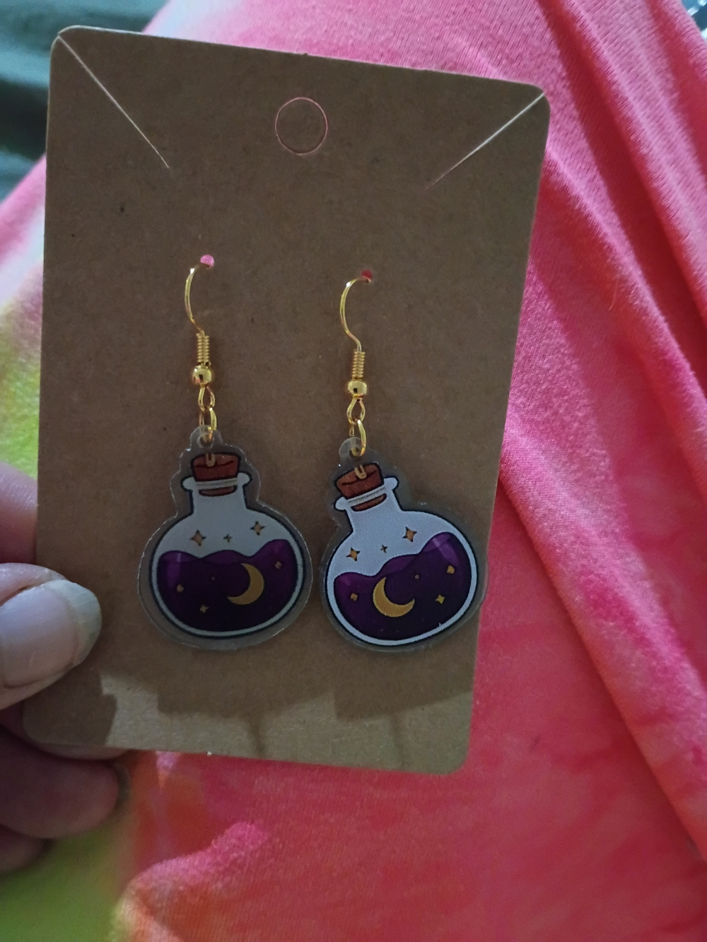 Gold Hook Purple Moon Potion Bottle Earrings -